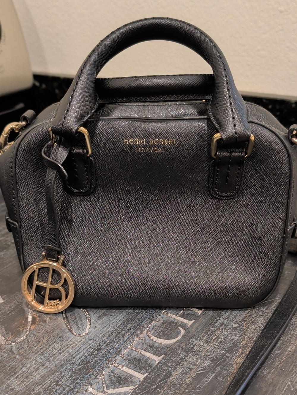 Henri Bendel Black Saffiano Mini Top-Handle Crossbody